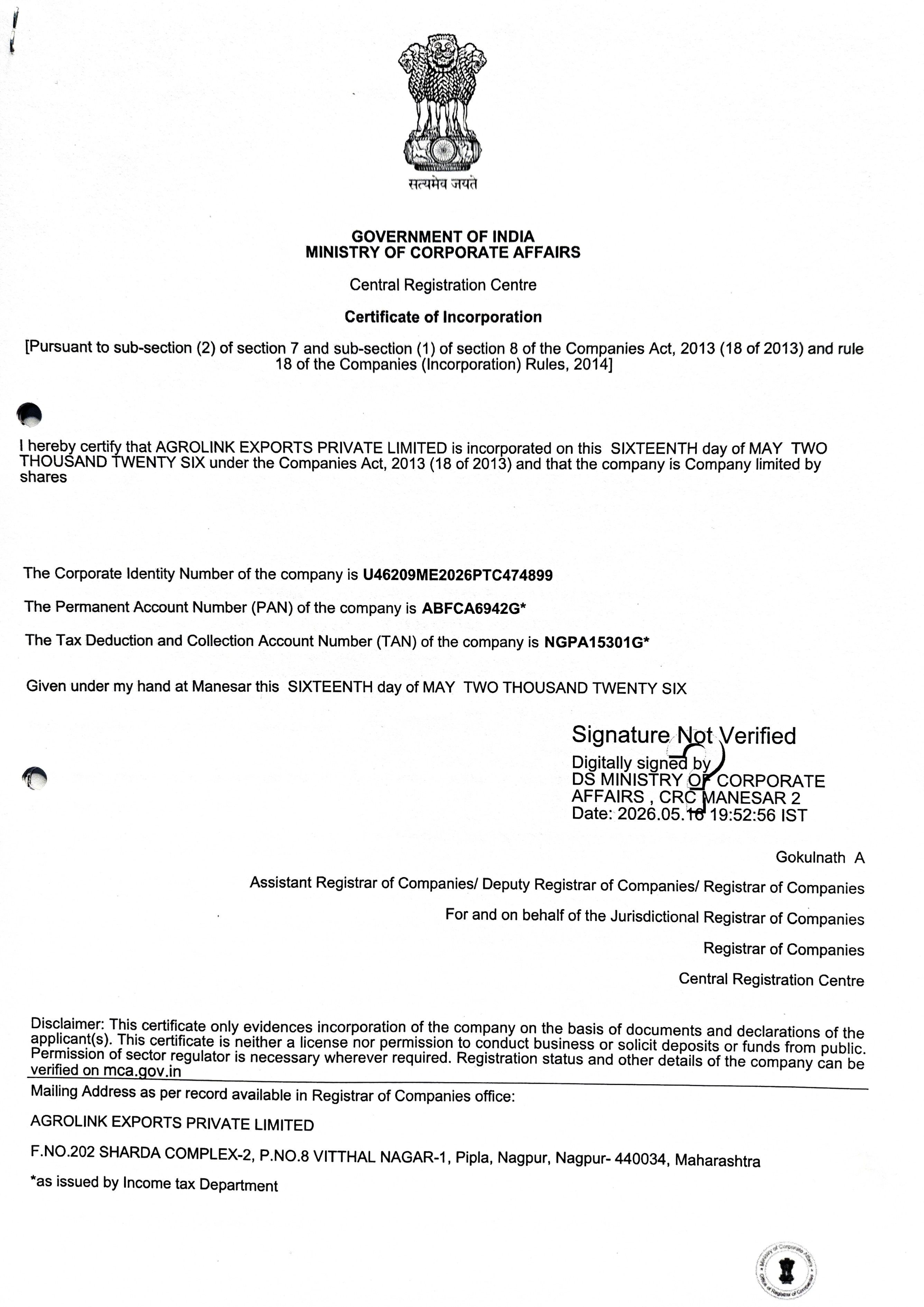 Certificate of Incorporation (MCA)